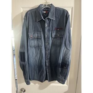 VTG/Y2K Tommy Hilfiger Mens XL Patched Faded Denim Jean Button Shirt